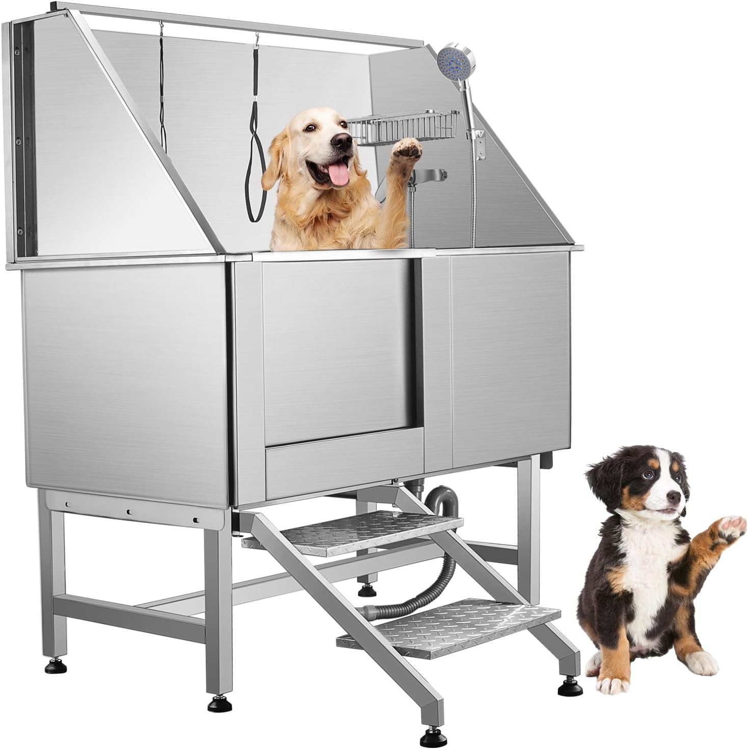 50" Dog Grooming Tub,Stainless Steel Pet Bathing Tub Large Dog Wash Tub with Steps Faucet & Accessories Dog Washing Station.Professional Commercial Pet Grooming Tub Station for Home