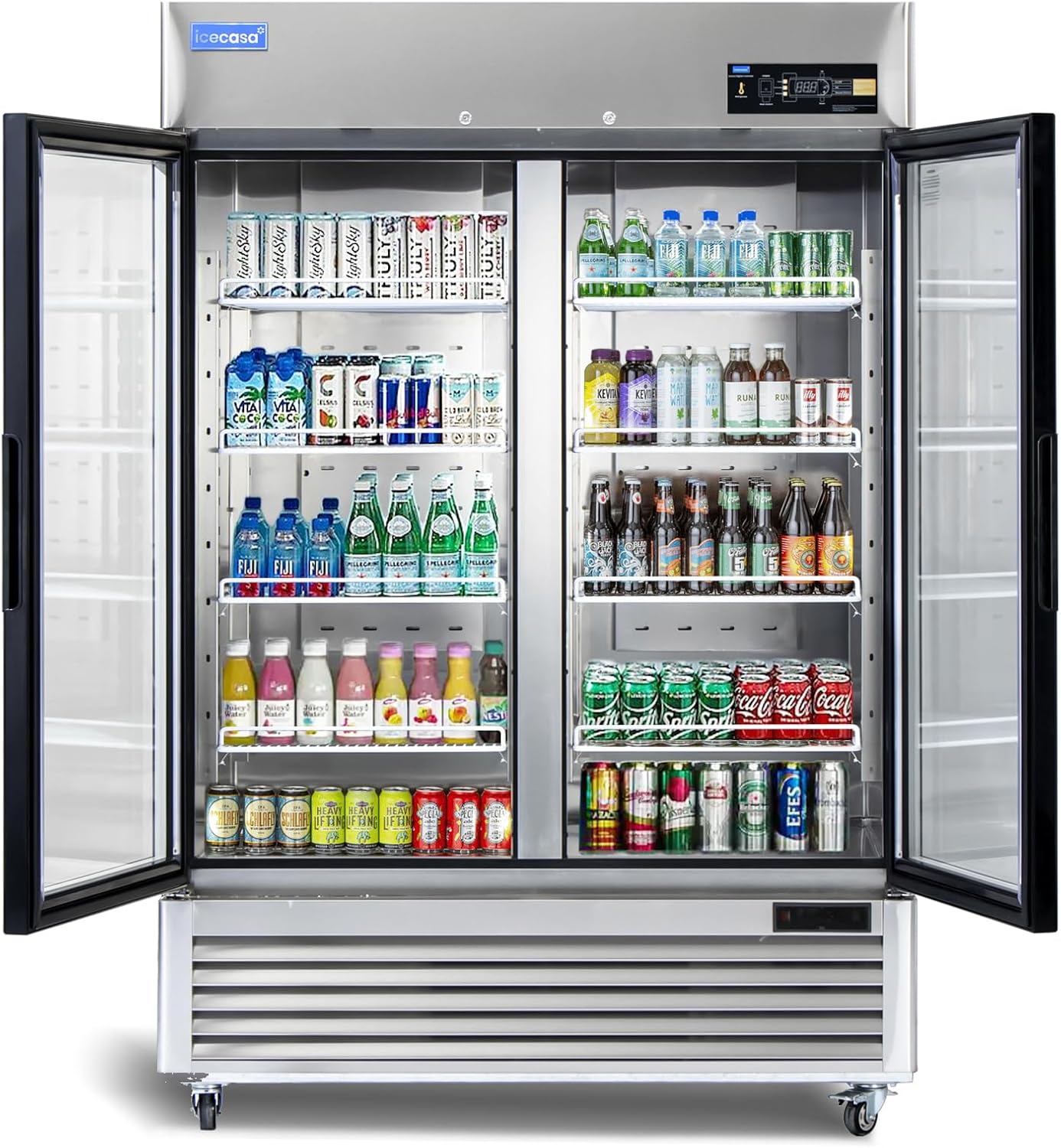 54" W Commercial Display Refrigerator 2 Glass Door Merchandiser Reach-in 49 Cu.ft Stainless Steel Display Refrigerator Fan Cooling for Restuarant, Bar, Shop, etc