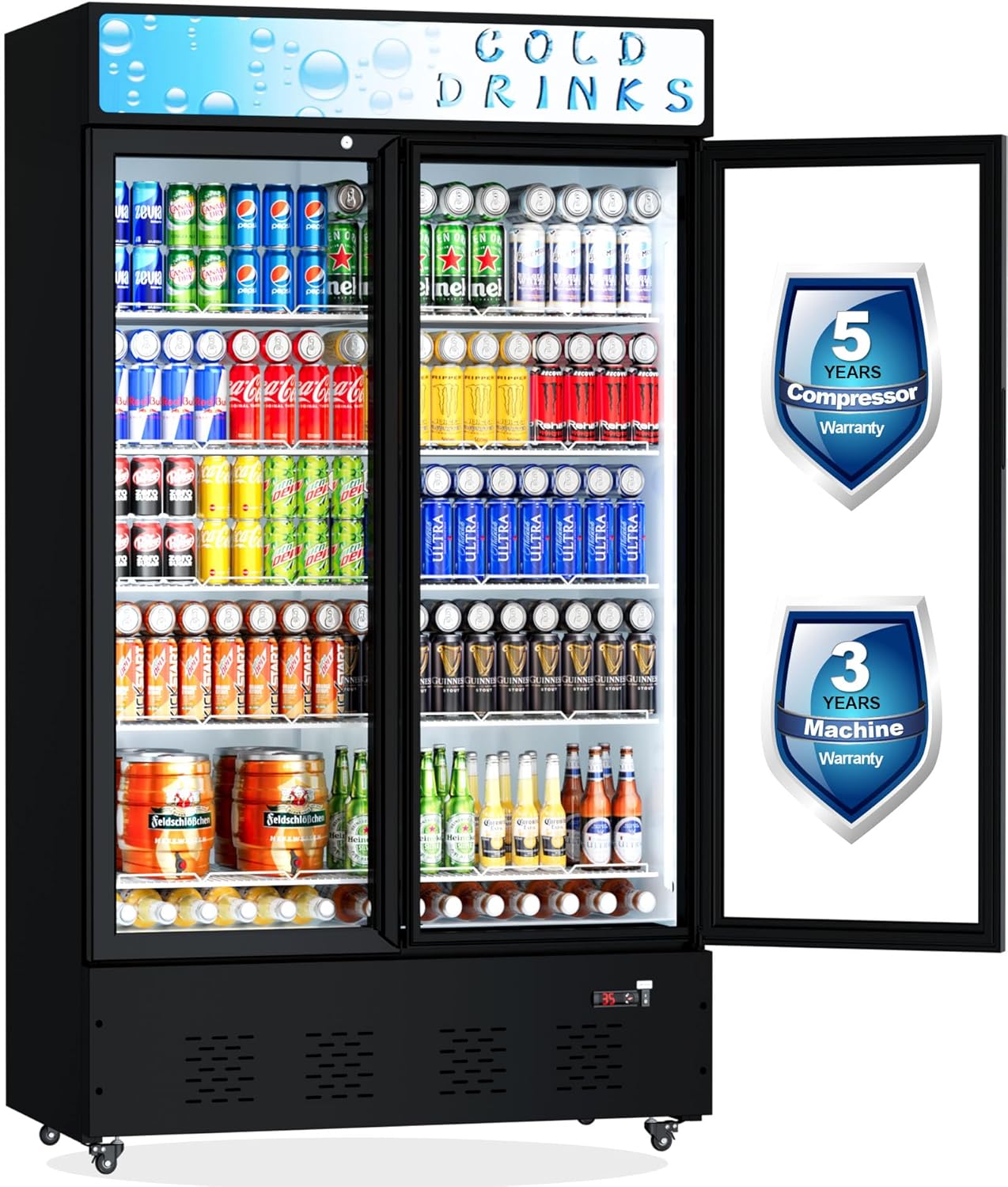 Commercial Beverage Refrigerators Glass Door Refrigerator Commercial with LED Light, 40 Cu.ft and 10 Shelves, Display Refrigerator for Cafe Restaurant Store Bar, ETL/NSF Approved