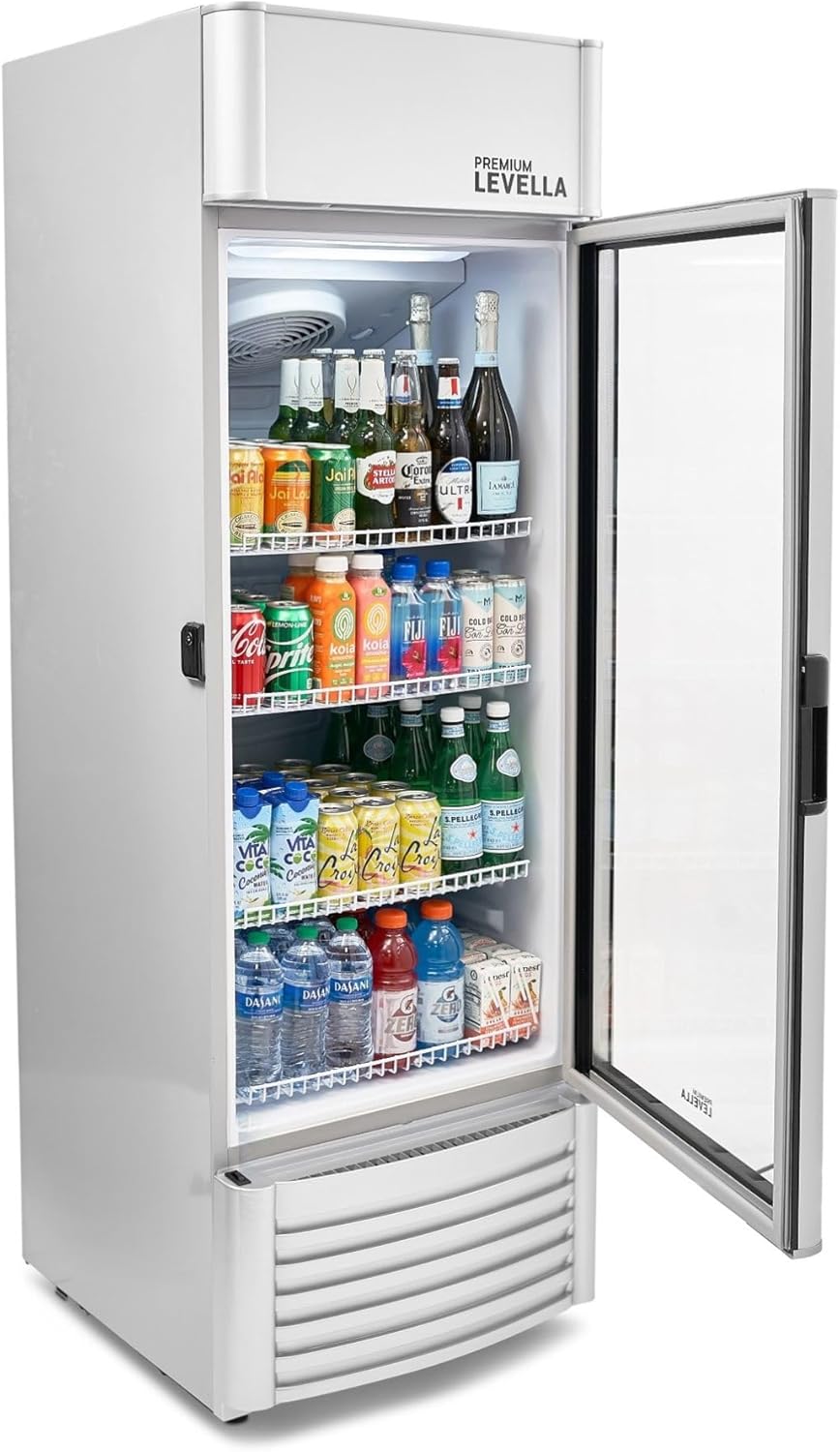 PremiumLevella PRF90DX Glass Door Display Refrigerator 9.0 cu ft Commercial Beverage Cooler Merchandiser With Customizable Lightbox - Silver